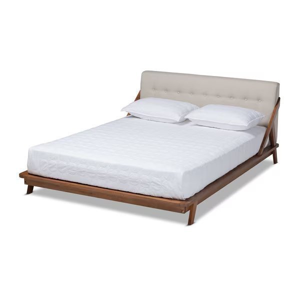 Sante Mid-Century Beige Upholstered Wood Queen Size Platform Bed, Baxton Studio, Mfr#: 156-9291